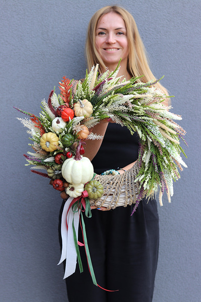 Dyniowy Ogród, wianek jesienny z wrzosami i dyniami, śr.46cm 