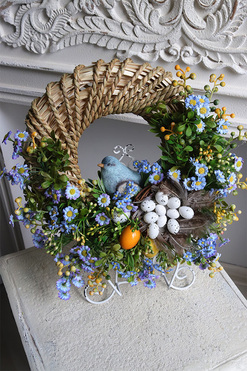 Blue Bird Spring 2, wiosenny wianek dekoracyjny z ptaszkiem, rozp.38cm