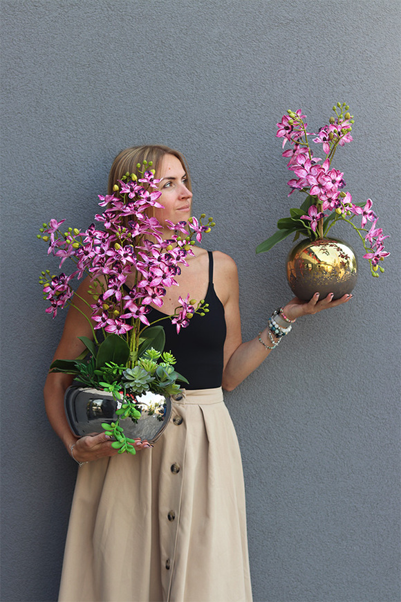 Emma Pink, sztuczny storczyk w srebrnej doniczce