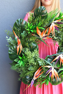 Strelizia Wreath, zielony wianek na drzwi z monsterą i strelicją, śr.52cm