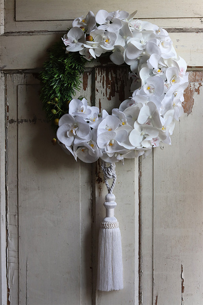 asymetryczny wianek z chwostem, Orchidelia White, śr.42cm   
