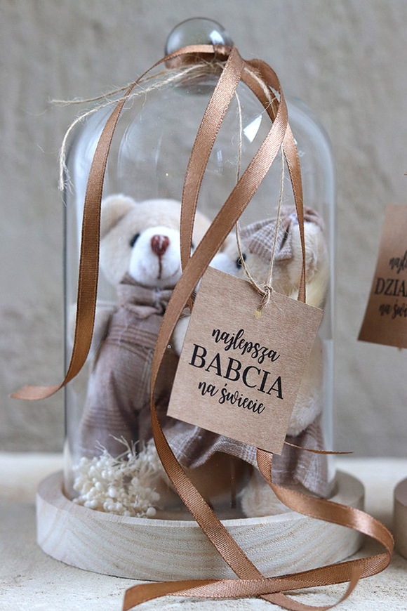 Teddy Beige, kompozycja pod szklanym kloszem