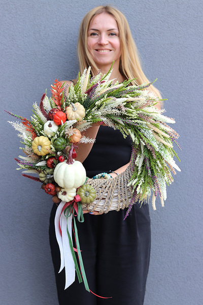 Dyniowy Ogród, wianek jesienny z wrzosami i dyniami, śr.46cm 