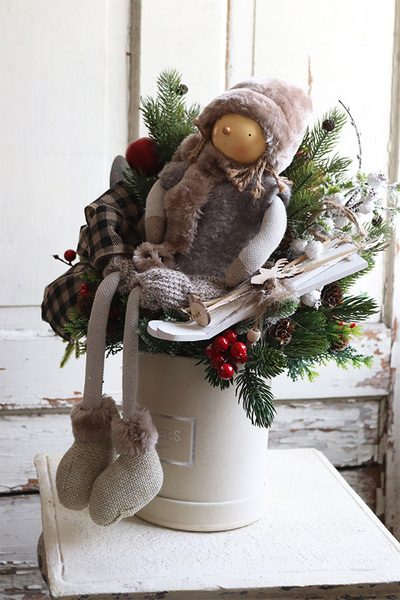 flowerbox zimowy z laleczką, Na Narty, wym. 48x37cm