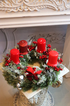 Karminis, adwentowy wianek stroik z czterema świecami, śr.39cm 