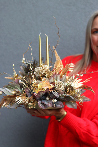 Złota Łuna, świąteczny stroik LED w naczyniu