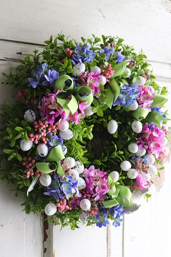 Gedruo, różowo - niebieski wielkanocny wianek, śr.34cm 