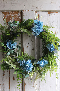 Niebieska Łuna, wianek na drzwi z hortensjami, śr.60cm