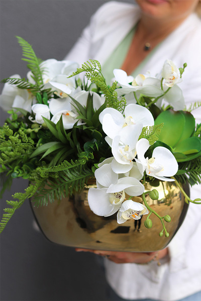 Goldie Greena Dekoriada, kompozycja z sukulentami w donicy glamour