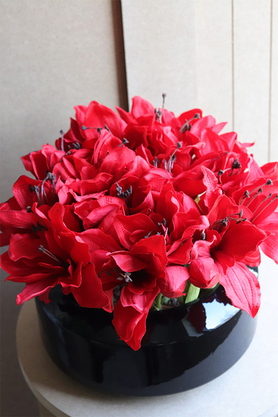 Amarylisy Gaina, kompozycja kwiatowa w misie