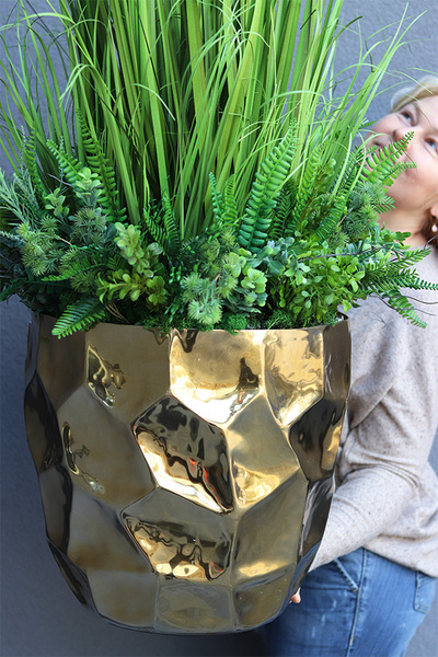 Trawa Gold Deluxe, dekoracja z trawami w metalowej donicy