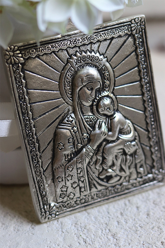 elegancki posrebrzany szkaplerz, Sakramento 3, wym.12x9cm