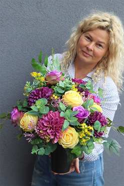 Yellow Cardia, fioletowo-żółty bukiet nagrobny, dł.47cm 