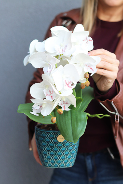 Turkusi, sztuczny storczyk w ozdobnej donicy