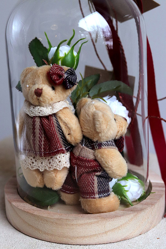 Teddy Red, kompozycja pod szklanym kloszem