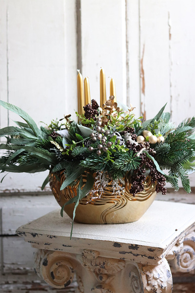 adwentowy stroik ze świecami, Złota Baśń, wym.40x56cm 