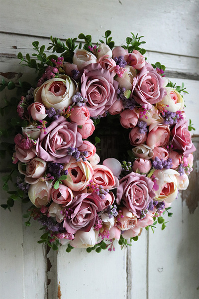 bogaty fioletowy wianek kwiatowy, Pralinesa, śr.32cm  