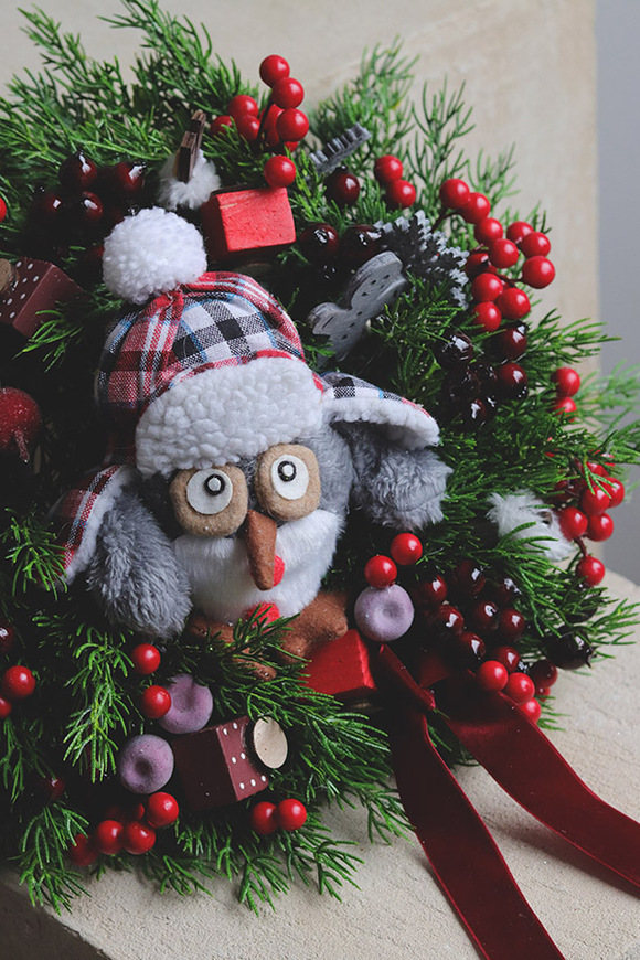 Świąteczny Puchacz, świąteczny wianek z sową