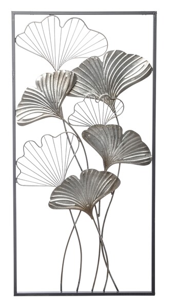 Ginko Silver, srebrny decor ścienny z miłorzębem, wym.100x50x3cm 