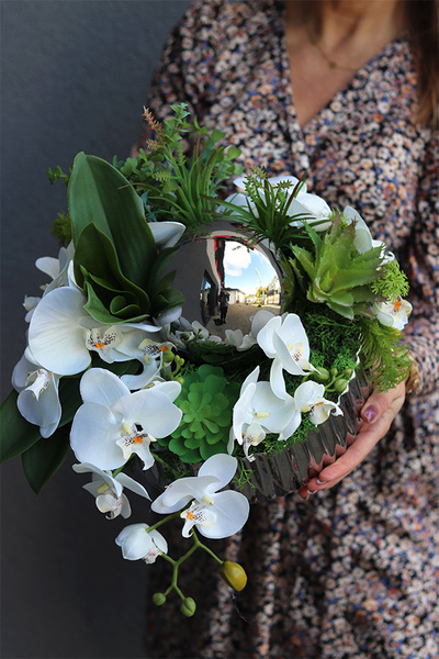 Dekoria White Deko, kompozycja z orchideą w srebrnej misie