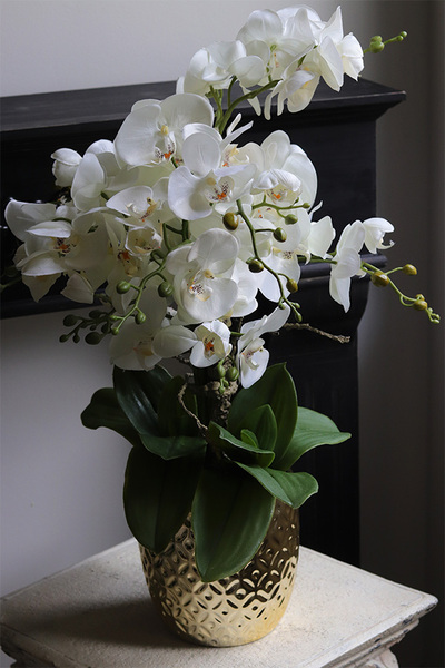 Gold Trettia, biały sztuczny storczyk w złotej donicy