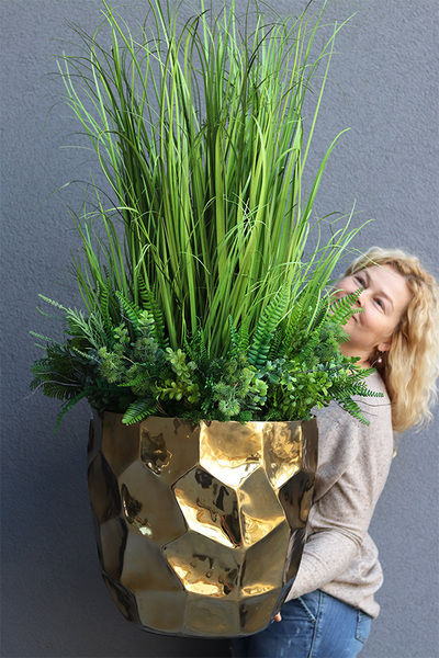 Trawa Gold Deluxe, dekoracja z trawami w metalowej donicy