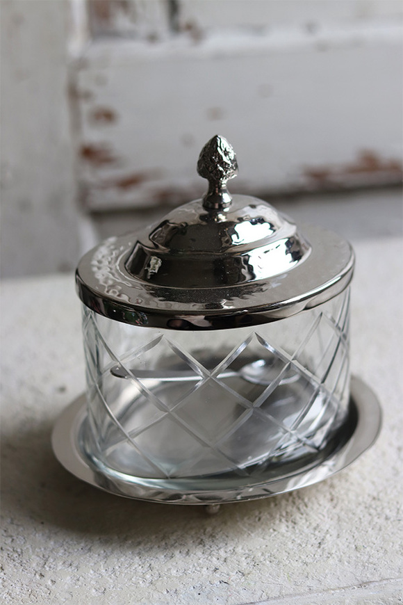 Glamour Greta, szklana cukiernica na tacy / pojemnik, wym.16x13x11cm