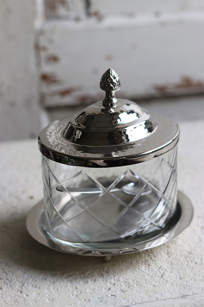Glamour Greta, szklana cukiernica na tacy / pojemnik, wym.16x13x11cm