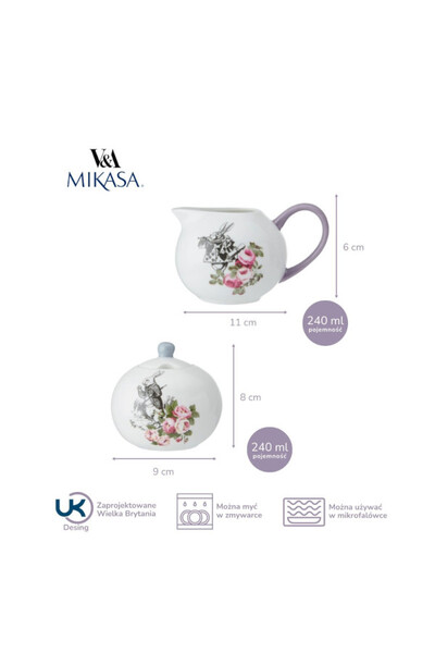 Alice in Wonderland, porcelanowy mlecznik i cukiernica	