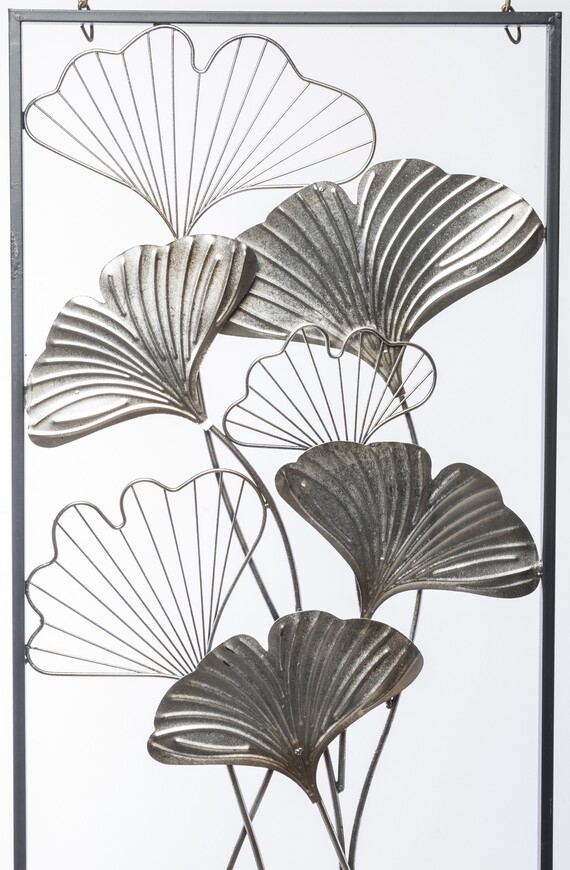 Ginko Silver, srebrny decor ścienny z miłorzębem, wym.100x50x3cm 