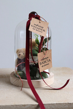 OD RĘKI Teddy Red, kompozycja pod szklanym kloszem, wys.20cm