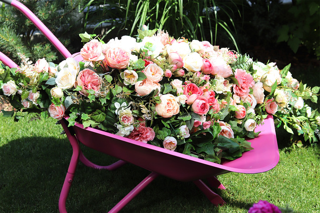 Barrow Pink, dekoracja kwiatowa na taczce 