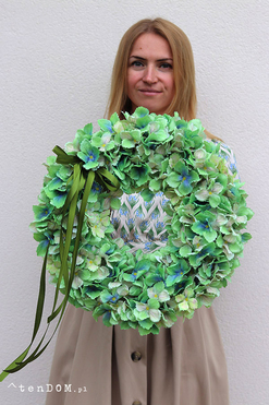 Hortensje Miętowe, zielony wianek na drzwi, śr.40cm 