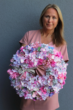 Romantyczne Hortensje Lila, gęsty wianek na drzwi, śr.42cm