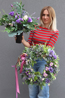 Purple Birds, zestaw nagrobny we wkładzie, bukiet nagrobny + wieniec