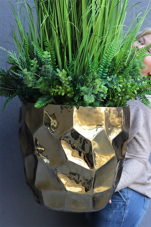 Trawa Gold Deluxe, dekoracja z trawami w metalowej donicy