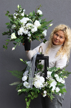 Angelo Garden White Wood, komplet dekoracji nagrobnych, bukiet + lampion 