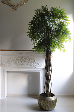 Fikus Benjamin I Gold Line, sztuczna roślina w złotej donicy, wys.215cm