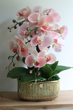 Pink Leolia, sztuczny gumowy storczyk w złotej doniczce, wys.47cm