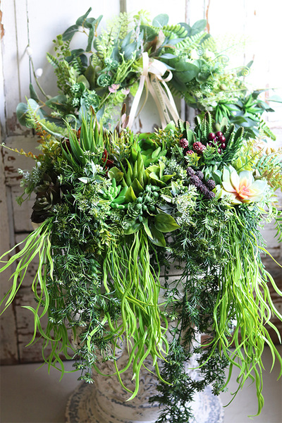 Anya Long Sukulenty, zielona kompozycja w srebrnej donicy, wym.30x58cm  