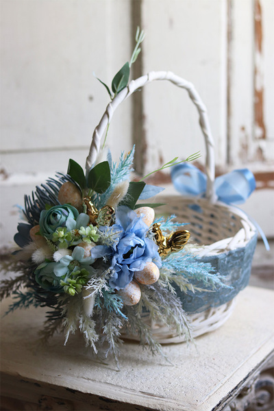 Blue Easter, komplet dekoracji wielkanocnych, wianek + koszyczek + świeca