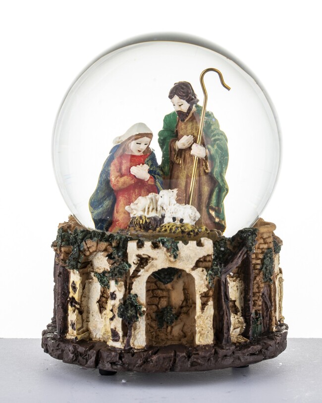 bożonarodzeniowa szklana kula / pozytywka, Święta Rodzina, wym.13,5x10,5x10,5cm