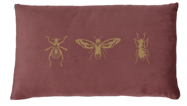 Jardin, poduszka welurowa z owadami, prostokątna, różowa, wym.30x50cm